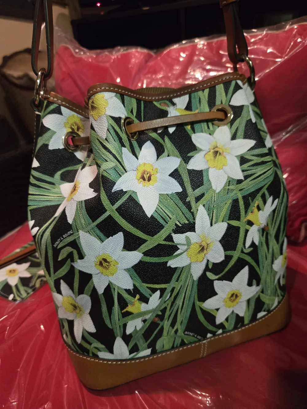 Dooney & Bourke Black Green Floral Drawstring Bucket Bag with Tan Trim. W/Pouch